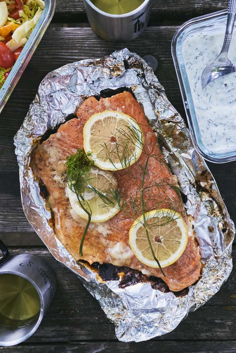 Campfire Salmon with Lemon dill Yogurt Sauce Redwood Kitchen