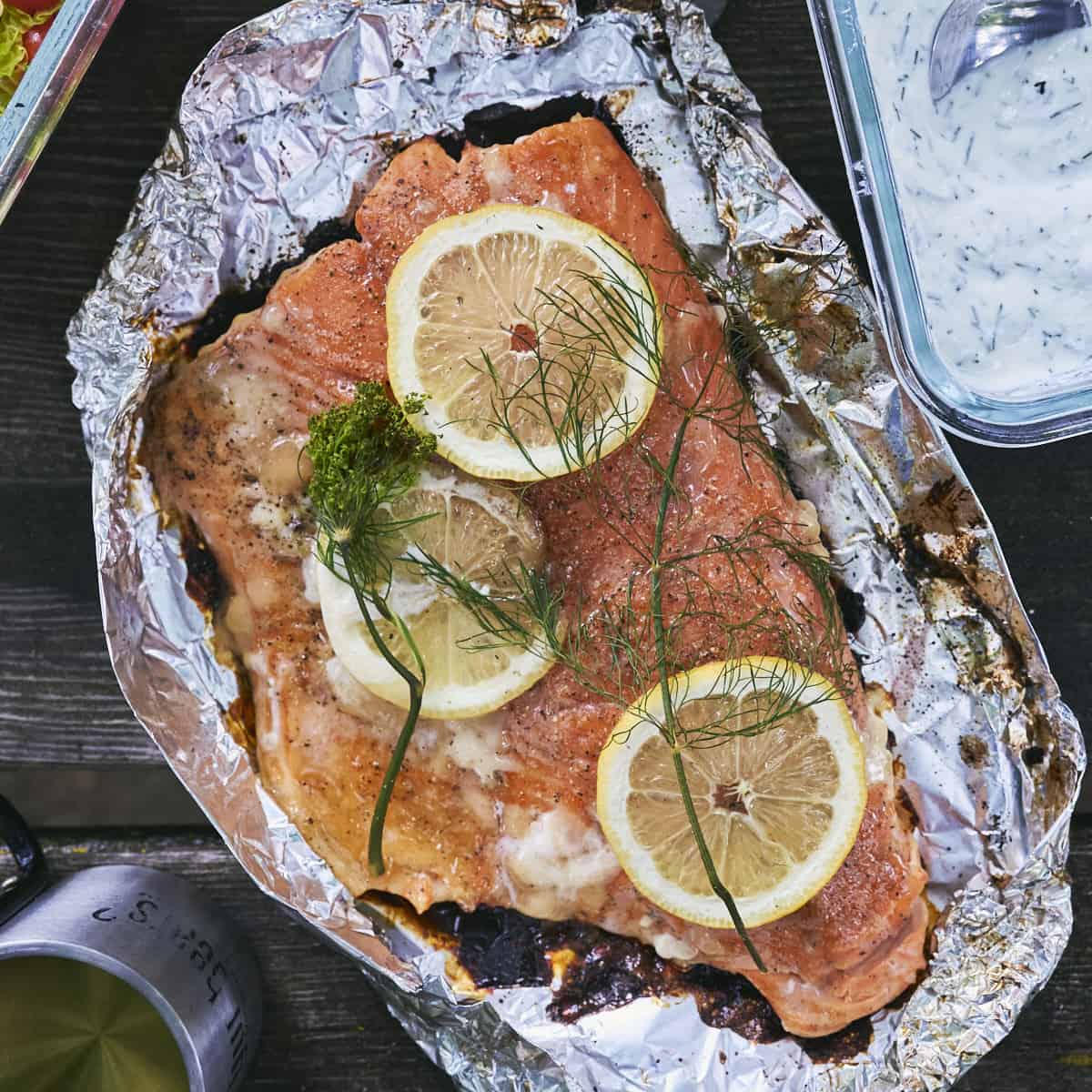 Campfire Salmon with Lemon Dill Yogurt Sauce